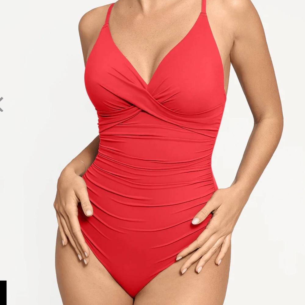 NWT Popilush Ruched V-Neck One-Piece Shapewear Bodysuit Swimsuit